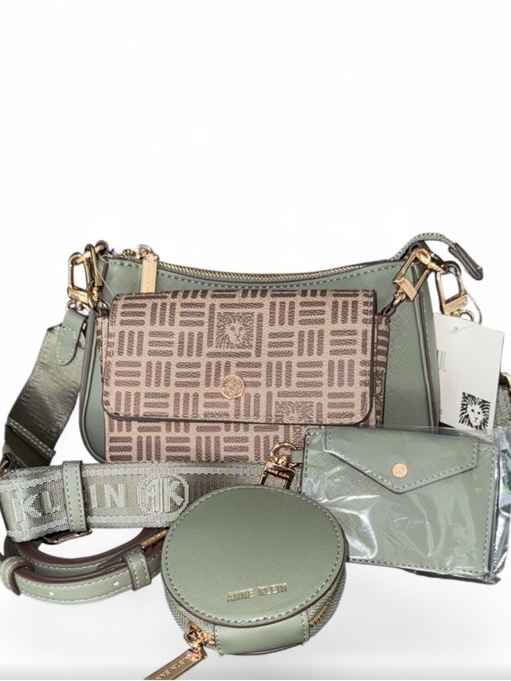 Anne Klein Multi-Pouch Crossbody Bag Set Sage Green Tile Lion Logo Sporty-Chic
